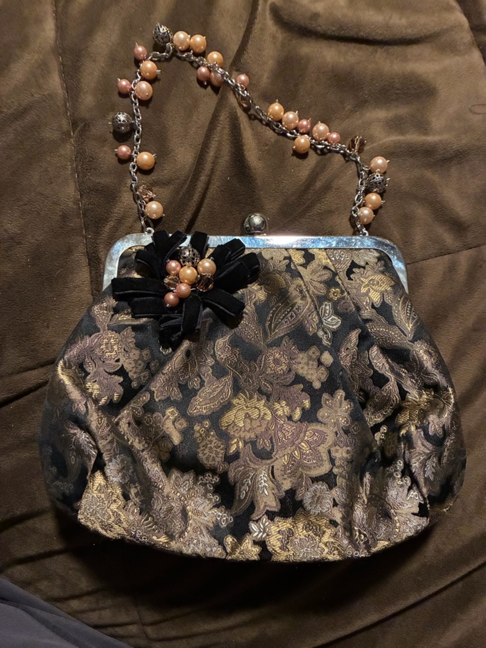 Talbots brand, Elegant Black and Gold Brocade Evening Bag with Beaded Chain